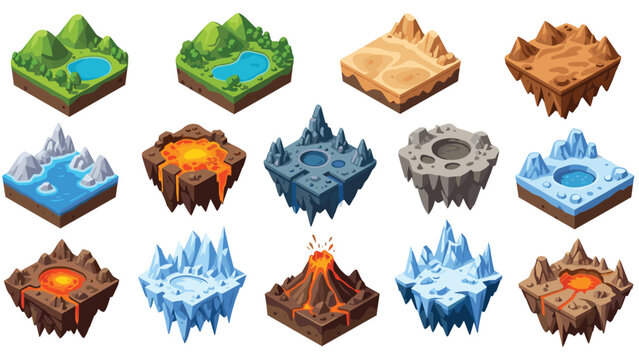 Set of isometric game tiles representing different natural biomes including mountains, forests, deserts, volcanoes, and frozen landscapes.