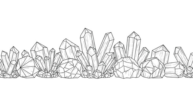 Horizontal border of various crystal and gemstone clusters in a black and white hand drawn line art style for mystical and geological themes.
