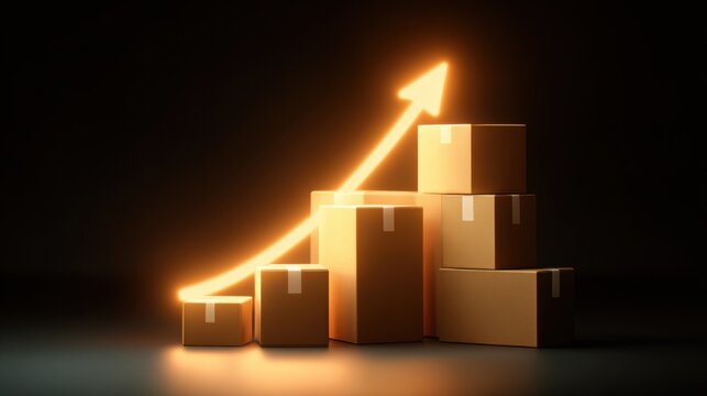 Increasing Shipment Volume: Cardboard boxes stacked in a stair-like pattern are illuminated by a glowing orange arrow pointing upwards, symbolizing growth in logistics and shipping.