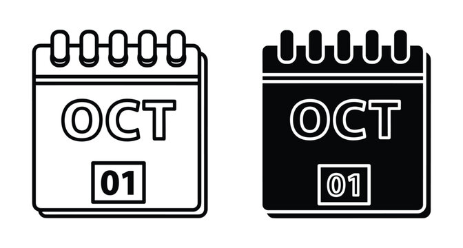 October first calendar icon set showing date one in outline and solid black styles for schedule planning and event reminders