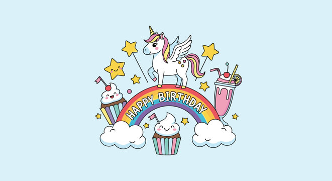 Cute colorful birthday illustration featuring a winged unicorn standing on a rainbow with cupcakes and stars for kids parties.