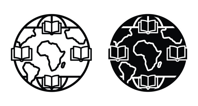 Global education icon set featuring world map globe with open books representing international learning literacy knowledge sharing and academic study