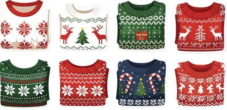 Ugly Christmas Sweaters Vector Set Featuring Folded Winter Jumpers with Reindeer Pine Tree Snowflake and Candy Cane Patterns for Festive Graphic Designs