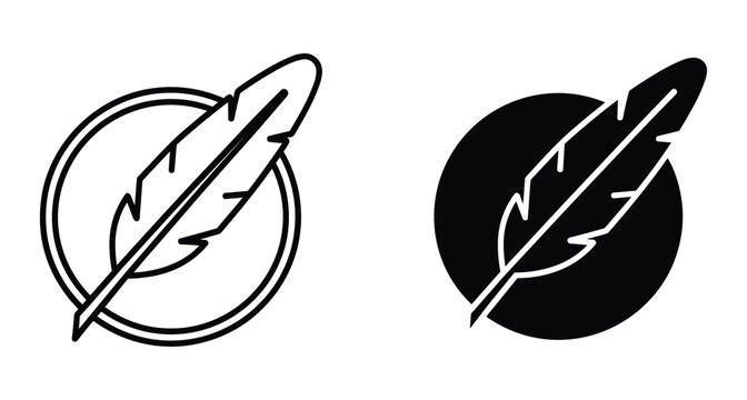 feather quill pen icon set in circle frame for writing literature poetry author blog logo design element simple black white
