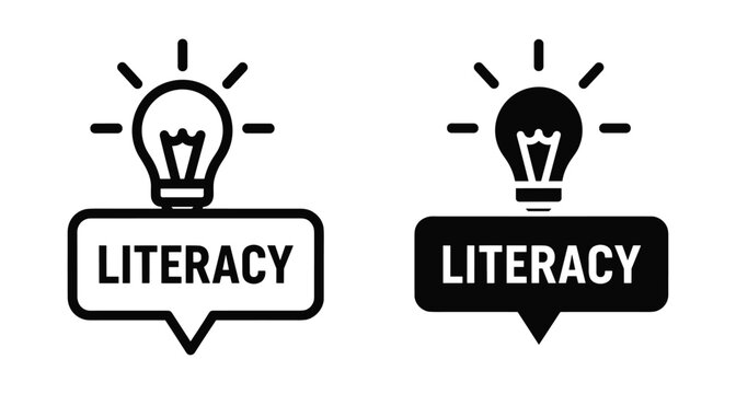 Literacy icon set featuring light bulb and speech bubble symbols for education learning knowledge reading writing skills and academic development
