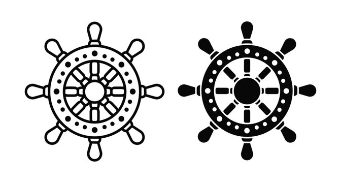 Ship steering wheel nautical helm icons set in outline and solid black silhouette styles for maritime navigation and sailing design