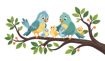 Cute Birds Sitting on Tree Branch Cartoon Vector Illustration Set