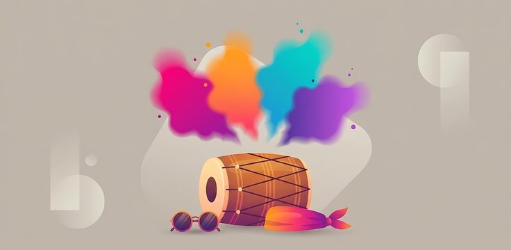 Traditional indian dhol drum and colorful powder clouds for holi festival celebration on a modern textured background