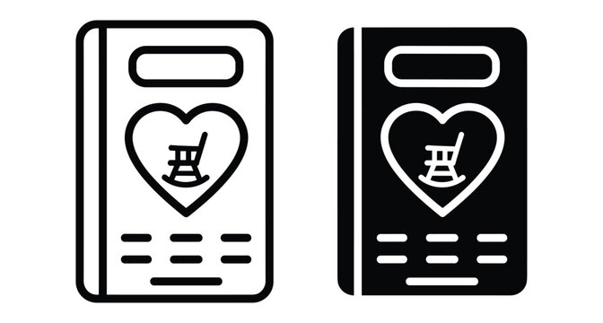 Baby memory book icon set with heart and rocking chair symbol for pregnancy journal childhood milestones family memories and parenting records