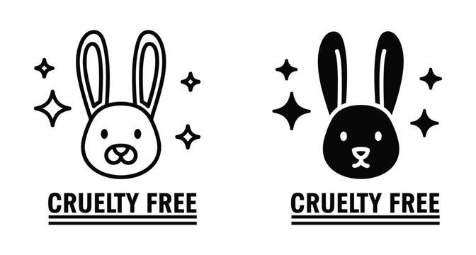 Cruelty free logo set with rabbit head icons and stars for ethical beauty products and vegan cosmetic packaging design elements
