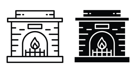 Fototapeta premium Fireplace icon set with outline and solid glyph styles featuring burning flame brick hearth for home interior heating design elements