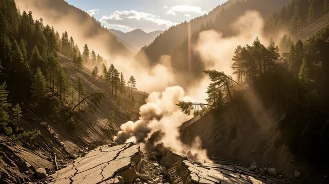 Dramatic mountain landslide with massive dust cloud rising over pine forest valley in warm golden sunlight, powerful natural disaster and climate change concept, no people, horizontal