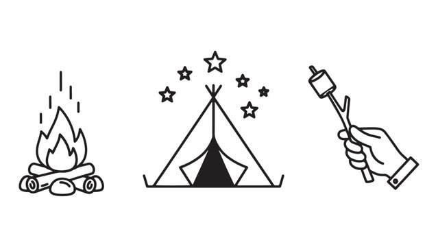 Camping icons featuring campfire, teepee tent, and hand holding marshmallow roasting stick illustration