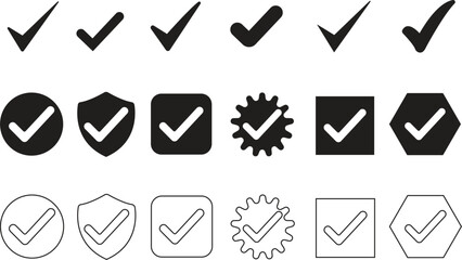 Modern Check Mark and Approval Symbols Icons Set Black Filled Tick, Verified and Confirmation Vector Pack Clean Success, Validation and Accepted Sign Silhouette Collection © Kamran