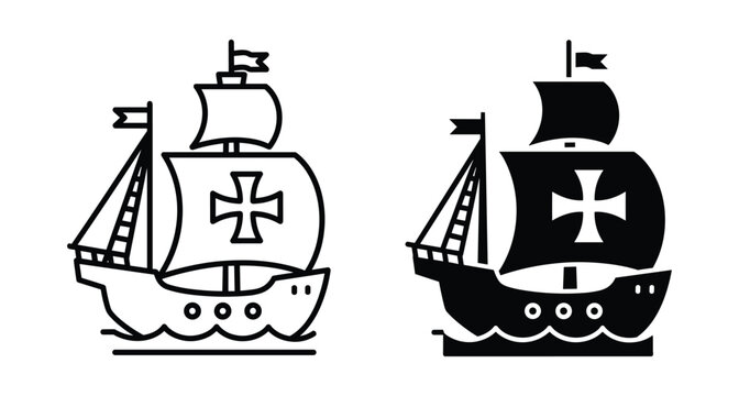 historical sailing ship caravel galleon icon set with cross on sail for maritime exploration discovery nautical travel adventure design