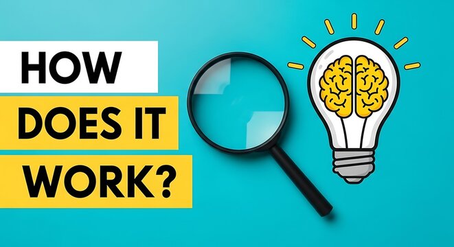 Conceptual business banner with How Does It Work text, magnifying glass and glowing light bulb with brain icon, creative problem solving and analysis