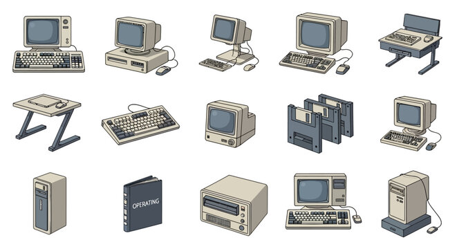 Retro Computer Technology Icons: Vintage PC, Floppy Disks, Keyboard, Monitor