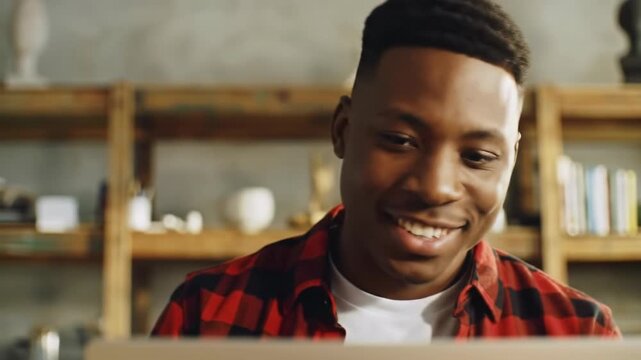 A young black man, late 20s, in a red plaid shirt, smiles, eyes down, focused on a glowing laptop, subtle dolly-in, in a sun-drenched rustic studio. Digital contentment