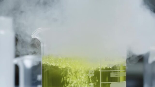 Bubbling chemical reaction in laboratory beaker with rising steam