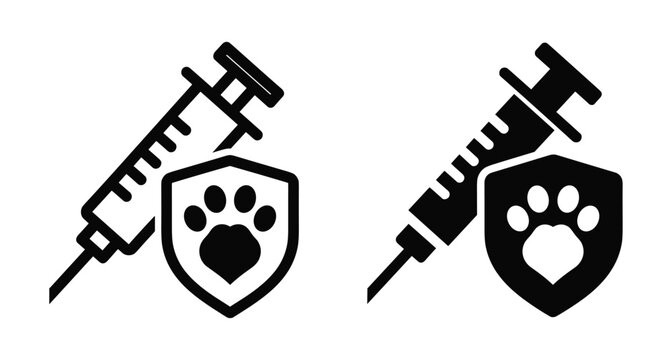 Veterinary vaccination icon set featuring medical syringe and protective shield with animal paw print for pet health and immunization services