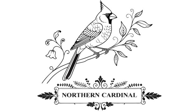 black-and-white engraved vector illustration featuring a Northern Cardinal perched on a delicate branch with detailed feathers, elegant botanical surroundings, reading "NORTHERN CARDINAL"