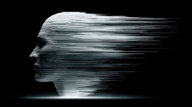 Futuristic profile of a head dissolving into digital, streaky light