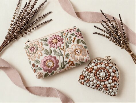 Embroidered coin purse and beaded clasp lying on tabletop