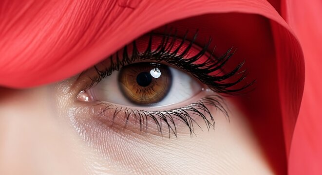 Pixelated woman eye with red hood