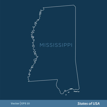 Mississippi - Outline States of USA Vector Template, stroke editable Illustration Design