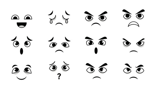 Set of human eyes and eyebrows depicting various emotions like anger, surprise, confusion, and sadness on an isolated white background.