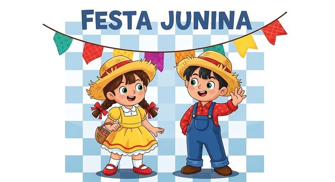 Two children dressed in festive summer solstice outfits dancing joyfully under decorative flags.