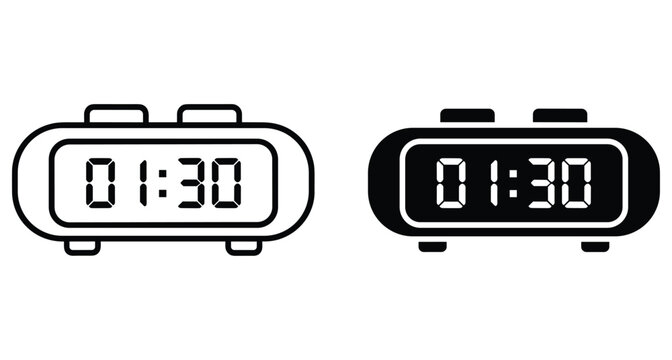 Digital alarm clock icon set showing one thirty time with outline and solid black versions for morning wake up schedule management