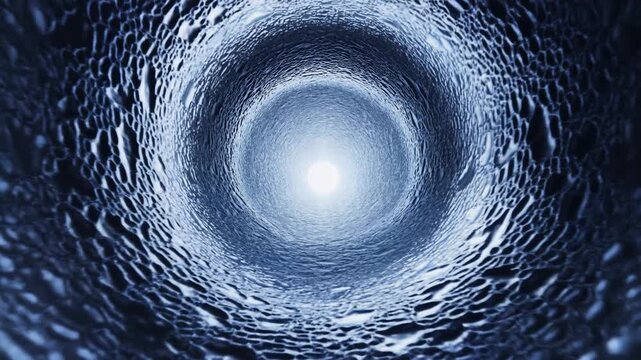 Tracking rotating dolly in view of swirling water vortex spiraling toward bright center inside tubular underwater tunnel