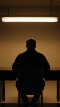 Man sitting at desk in dark room under glowing ceiling light. Silhouette of male figure during interrogation or interview. Dramatic moody lighting mood concept.