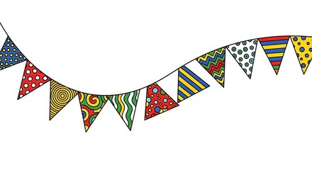 Obraz premium Brightly patterned triangular pennant flags strung in a curved line for a cheerful outdoor event.