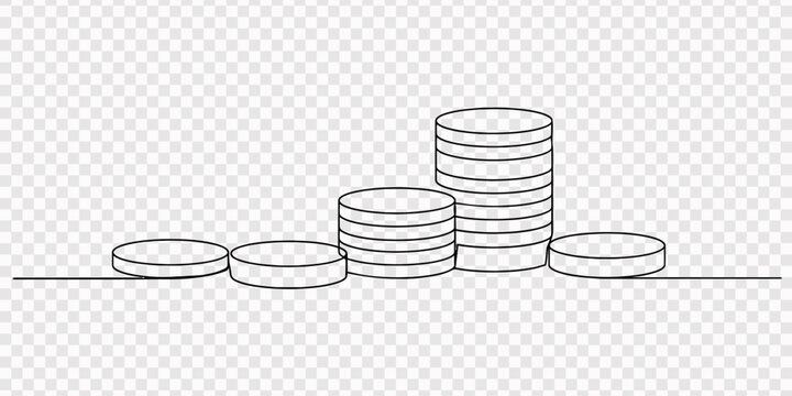 Growing bar chart made of coins in one line art style. Financial growth drawing with editable black stroke on white background. Vector illustration., Continuous one line drawing of a stack of growing 