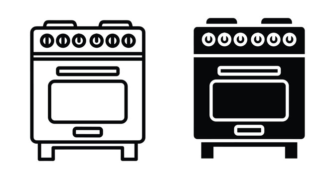 Kitchen stove icon set featuring gas range cooker with oven door and control knobs in outline and solid black styles