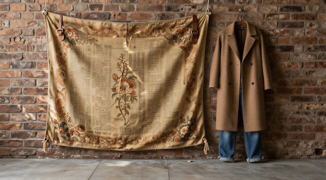 Coat displayed beside tapestry hanging on exposed brick wall