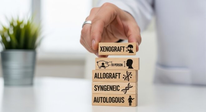 A hand stacking wooden blocks with medical terms on a white desk in office