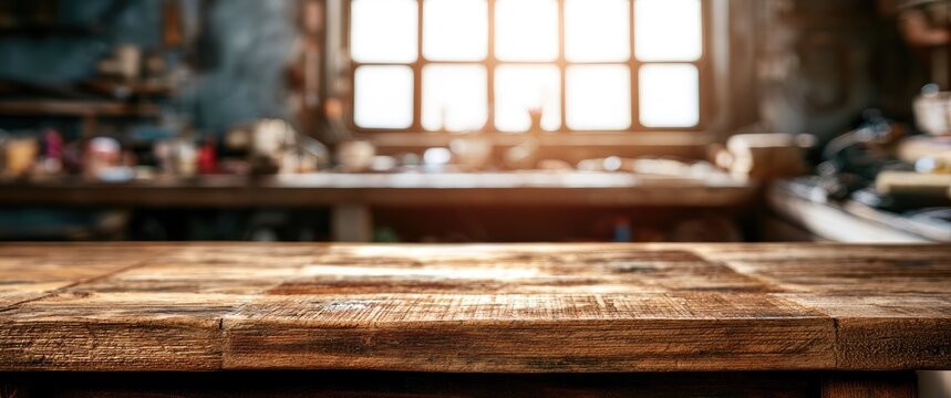 A sunlit, rustic workshop with a wooden table in the foreground