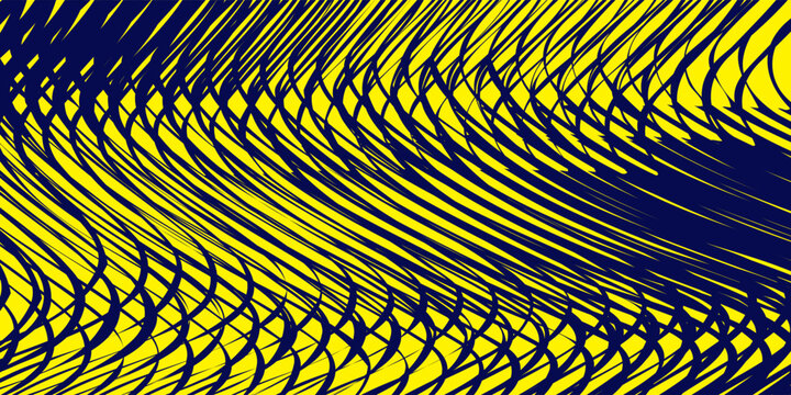 Abstract dynamic wavy lines pattern background. Simple vector illustration of dark blue curved grid mesh on bright yellow backdrop, optical illusion moire texture, modern flowing graphic design elemen