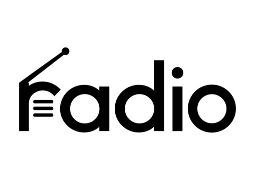 Minimalist radio typography logo featuring a cleverly integrated vintage radio antenna within bold modern lettering.