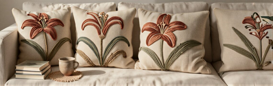 Embroidered floral cushions arranged on neutral sofa living room