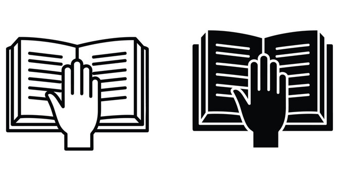Hand on open book icon set representing oath taking legal testimony swearing in ceremony religious vow education learning and knowledge