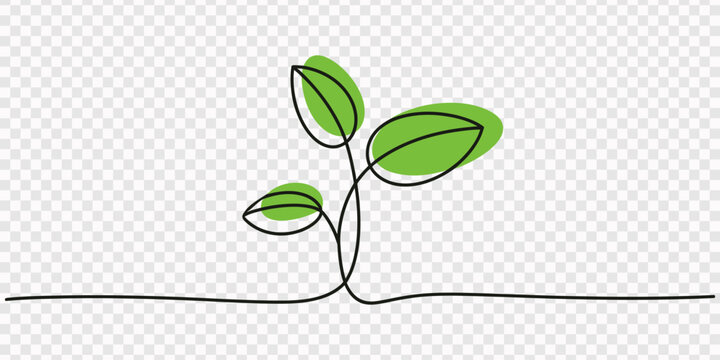 Continuous line design of illustration of plant growth. Single line decorative elements drawn on a white background., Leafy plant sprout emerging from ground in line drawing, none editable strokes