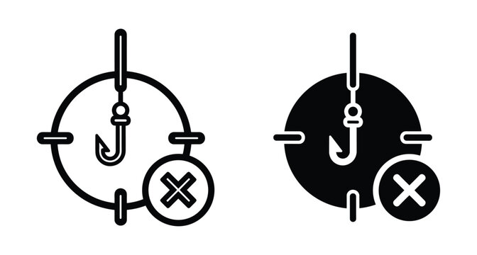 fishing hook icon with cross mark symbol representing no fishing zone prohibited area and anti phishing cyber security protection concept