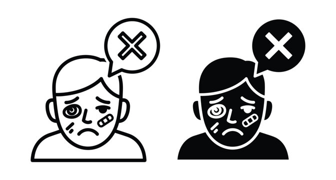 Injured man icon set with black eye and bandage showing rejection cross symbol for violence prevention and accident reporting concept