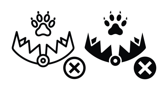 Animal trap icon set with paw print and cross symbol representing anti poaching and animal cruelty prevention for wildlife protection