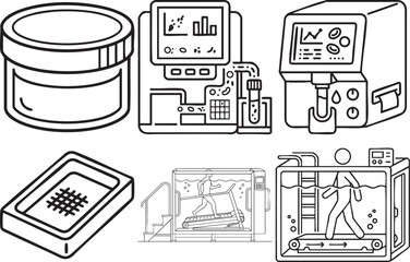 Fototapeta premium Medical and rehabilitation equipment featuring laboratory analysis machines and aquatic therapy for recovery vector illustration set