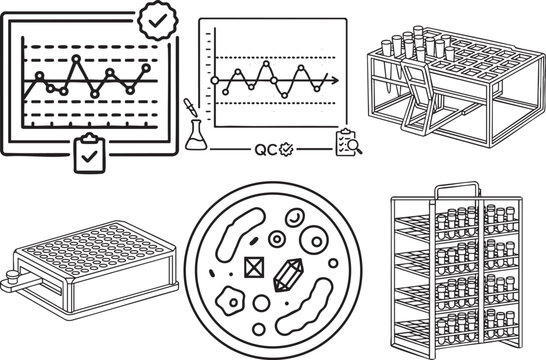 Laboratory science equipment set containing analytical graph displays with quality control symbols and diverse racks of biological test tubes on grey background
